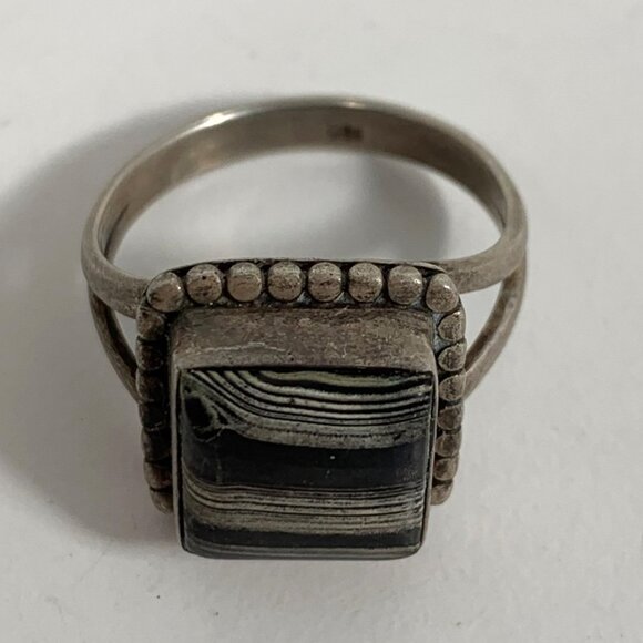 VTG 925 S/S Ring Dotted Banded Black Zebra Agate Square Stone SZ 9 WT 5.37G - Picture 2 of 7